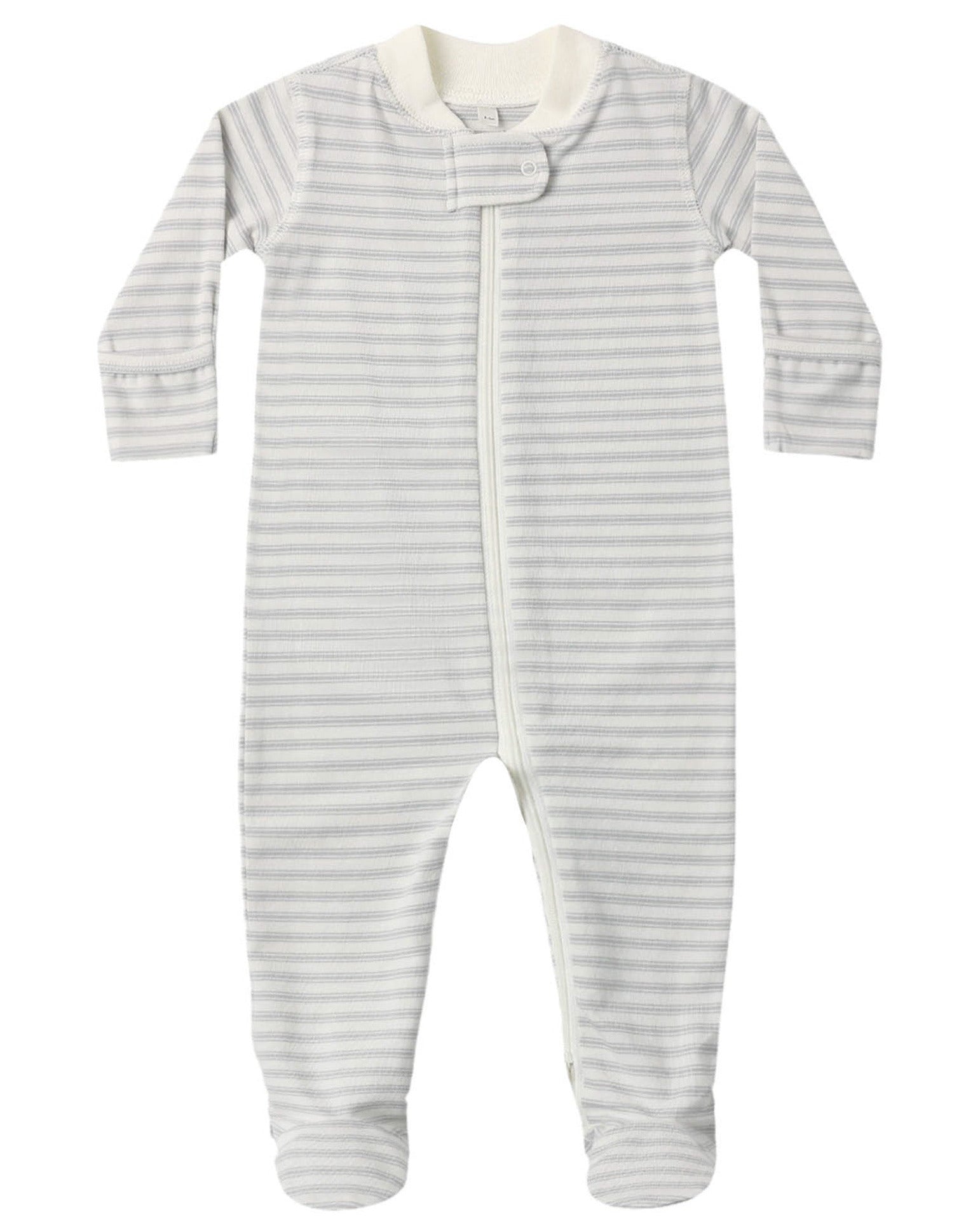 The Quincy Mae Baby Zip Long Sleeve Sleeper Footie, featuring grey and white horizontal stripes, a zip closure down the front, and covered feet, is shown laid flat on a white background.