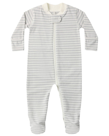The Quincy Mae Baby Zip Long Sleeve Sleeper Footie, featuring grey and white horizontal stripes, a zip closure down the front, and covered feet, is shown laid flat on a white background.