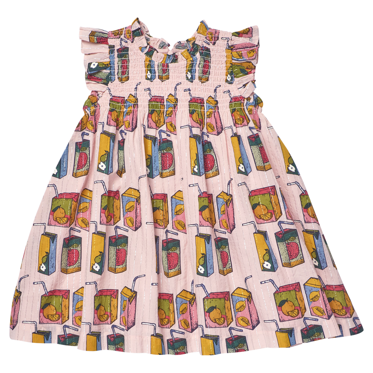 Back-to-school ready, the Girls' Stevie Dress by Pink Chicken is a charming pink children's dress with a smocked bodice and a vibrant juice boxes print on a white background.
