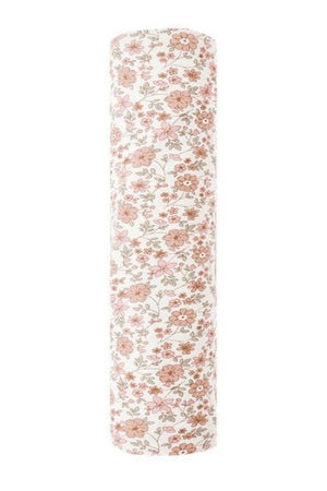 The Quincy Mae Bamboo Swaddle features soft bamboo fabric with a white background and a pink and orange floral pattern.