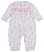 The Kissy Kissy Baby Just Giraffes Printed Playsuit is a long-sleeve romper made from soft Pima cotton, showcasing a delightful pink giraffe and star print, with ruffled cuffs and pink trim. Designed for convenience, it features snap buttons down the back and at the legs for easy changing.