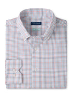 Peter Millar Otis Cotton Sport Shirt, a long-sleeve cotton poplin button-down with a white, blue, and red plaid pattern.