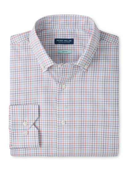 Peter Millar Otis Cotton Sport Shirt, a long-sleeve cotton poplin button-down with a white, blue, and red plaid pattern.
