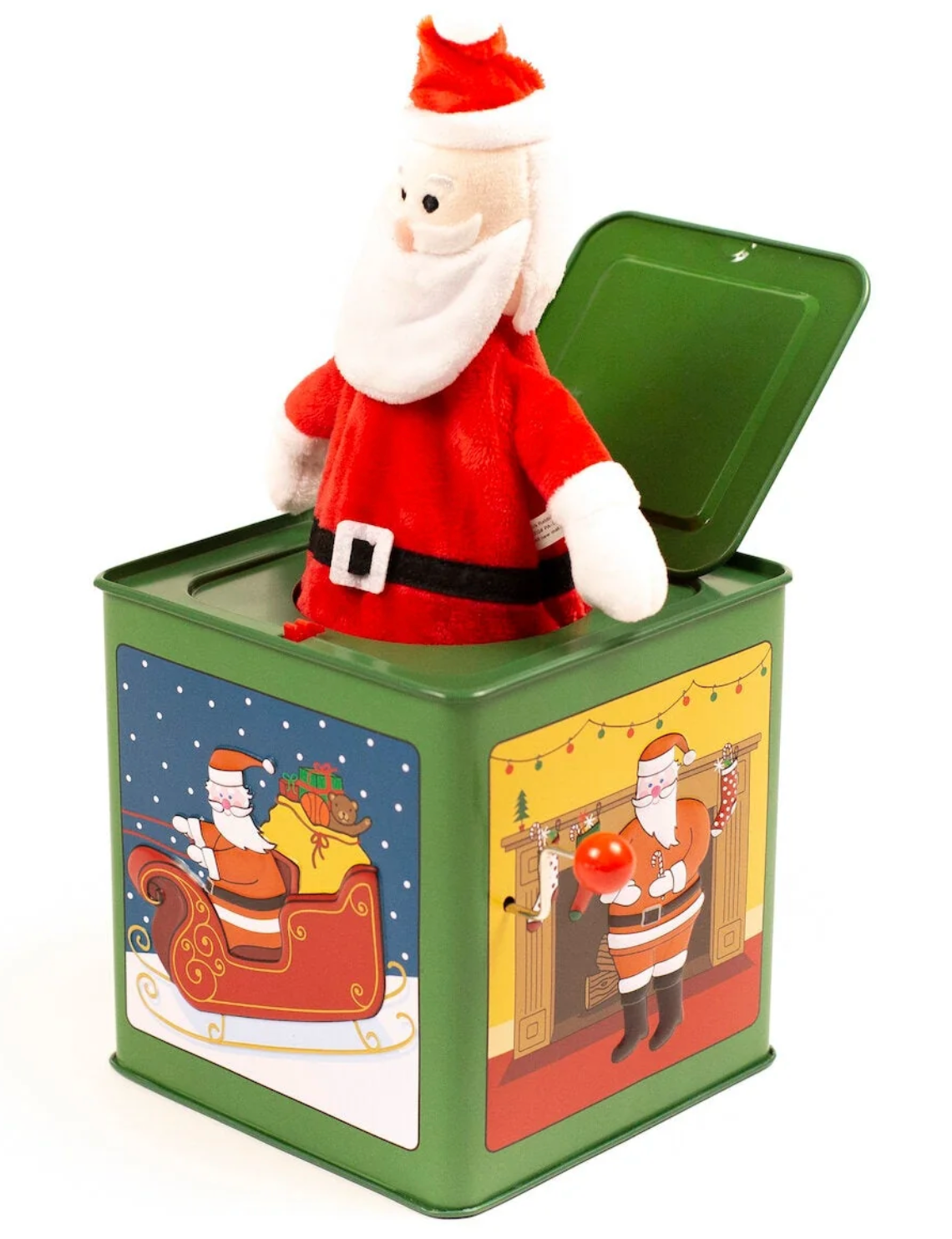 The Jack-in-the-Box by Jack Rabbit Creations features a charming Santa Claus plush that pops out of a festive green tin adorned with Christmas-themed Santa illustrations and original artwork.