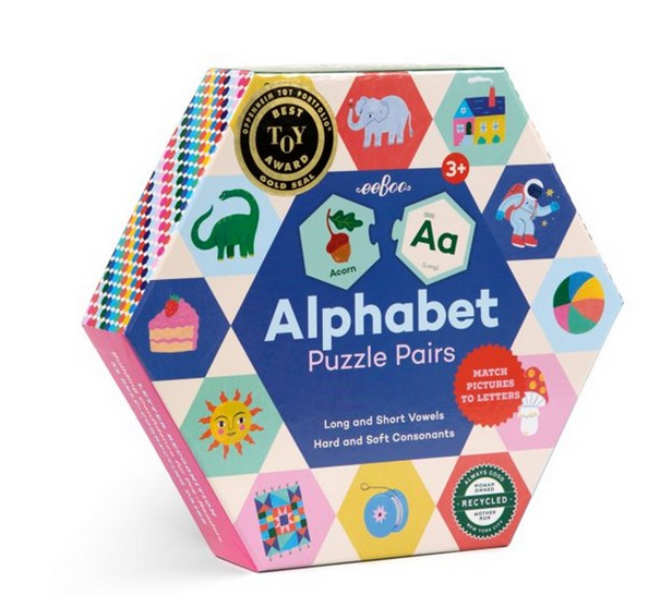 The "Eeboo Alphabet Hexagon Pairing Puzzles" from Eeboo are designed for children aged 3 and up, featuring hexagonal boxes with colorful animal and letter images to enhance phonological awareness and boost pre-literacy skills.