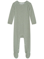 Introducing the Serendipity Baby Rib Striped Bodysuit—an organic cotton, long-sleeve, footed romper featuring green and white horizontal stripes. GOTS certified for your peace of mind, this comfortable onesie is shown laid flat on a white background.