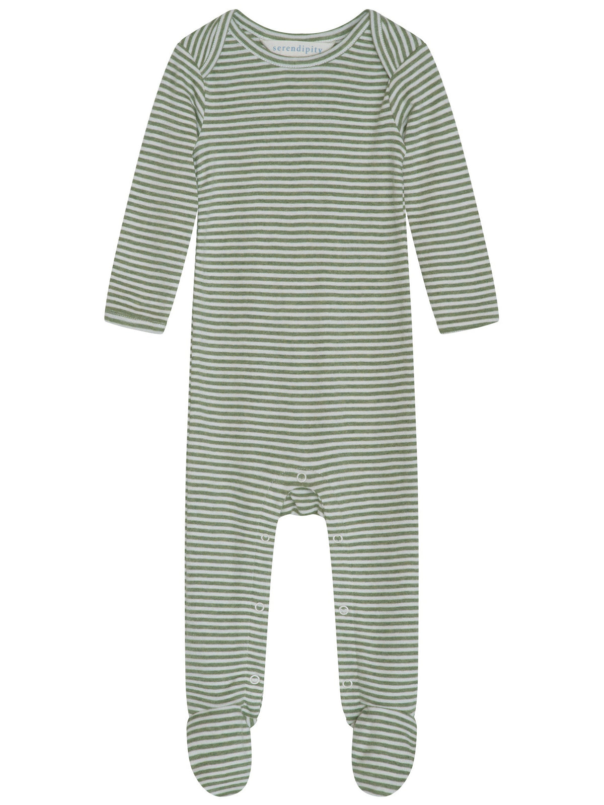 Introducing the Serendipity Baby Rib Striped Bodysuit—an organic cotton, long-sleeve, footed romper featuring green and white horizontal stripes. GOTS certified for your peace of mind, this comfortable onesie is shown laid flat on a white background.