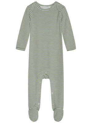 Introducing the Serendipity Baby Rib Striped Bodysuit—an organic cotton, long-sleeve, footed romper featuring green and white horizontal stripes. GOTS certified for your peace of mind, this comfortable onesie is shown laid flat on a white background.