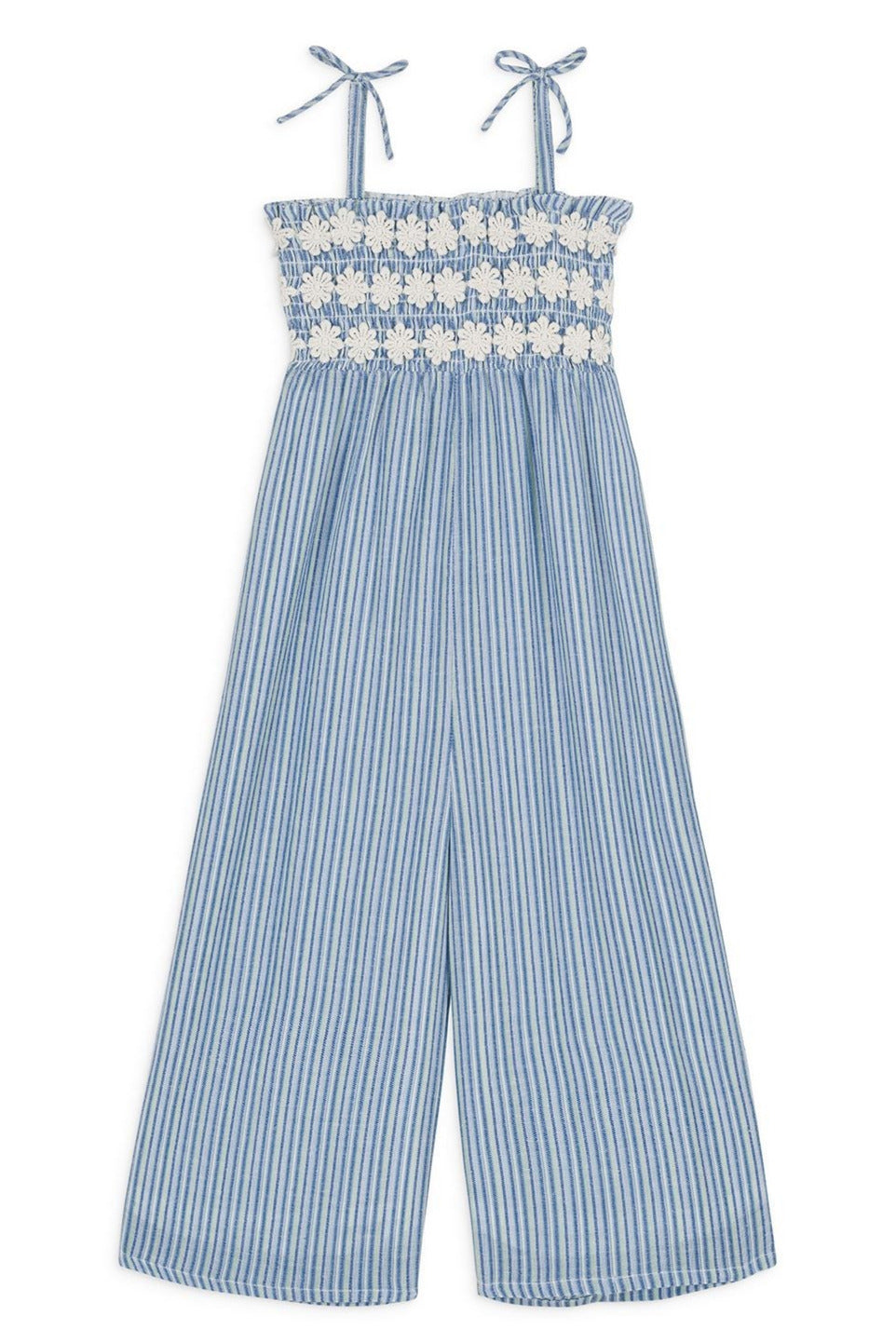 The Louise Misha Baby Girls' and Girls' Morli Overalls feature a blue and white striped pattern in cotton voile, with a smocked bodice and adjustable shoulder ties for an ideal fit.