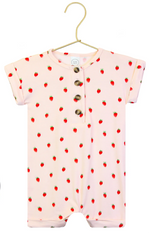 A pink Baby Girls’ Junie Romper one-piece by Lou Lou & Company for babies, featuring short sleeves, wooden buttons, and a small red strawberry pattern, displayed on a gold hanger against a white background.