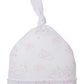 The Kissy Kissy Cheerful Good Night Printed Hat is made from soft Pima cotton and showcases a delightful pink print of stars, moons, and clouds.