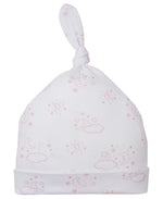 The Kissy Kissy Cheerful Good Night Printed Hat is made from soft Pima cotton and showcases a delightful pink print of stars, moons, and clouds.