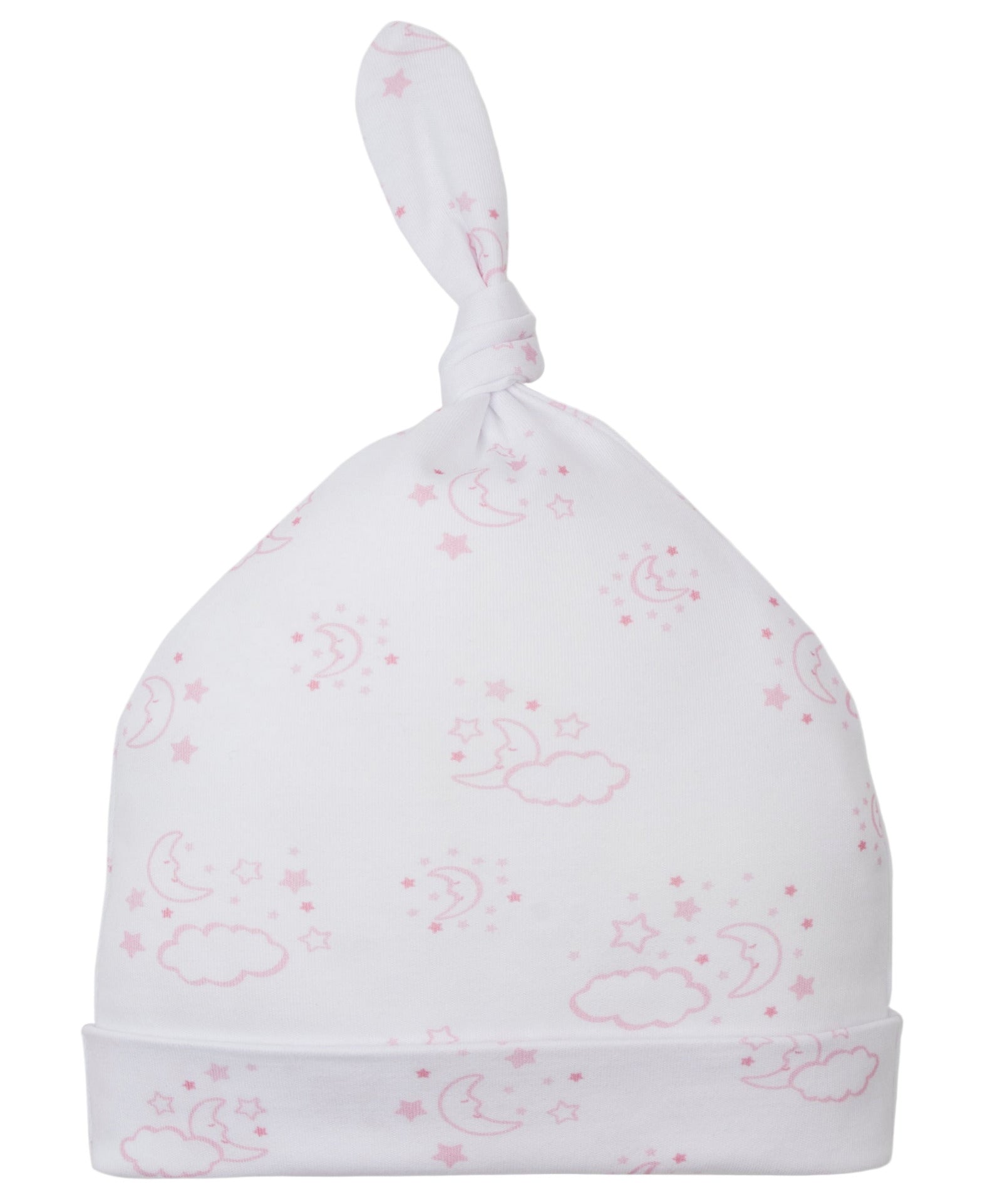 The Kissy Kissy Cheerful Good Night Printed Hat is made from soft Pima cotton and showcases a delightful pink print of stars, moons, and clouds.