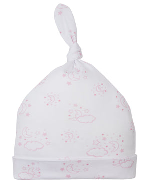 The Kissy Kissy Cheerful Good Night Printed Hat is made from soft Pima cotton and showcases a delightful pink print of stars, moons, and clouds.