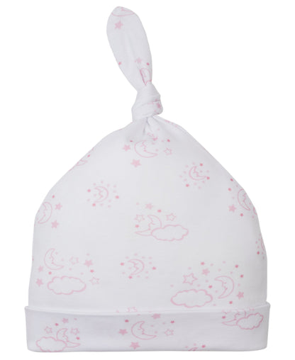 The Kissy Kissy Cheerful Good Night Printed Hat is made from soft Pima cotton and showcases a delightful pink print of stars, moons, and clouds.