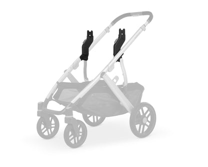 The UPPAbaby Upper Adapters for the VISTA stroller showcase a design with unoccupied upper adapters and a generously sized storage basket at the bottom. This adaptable structure makes outings easy to handle, even without attached seats, thanks to its compact form that folds effortlessly for convenient storage and transportation.