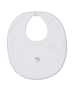 The Sweet Sheep Bib by Kissy Kissy is a white baby bib made from ultra-soft Pima cotton, featuring a light blue scalloped trim and a small embroidered blue elephant in the center—perfect for keeping your baby cozy.