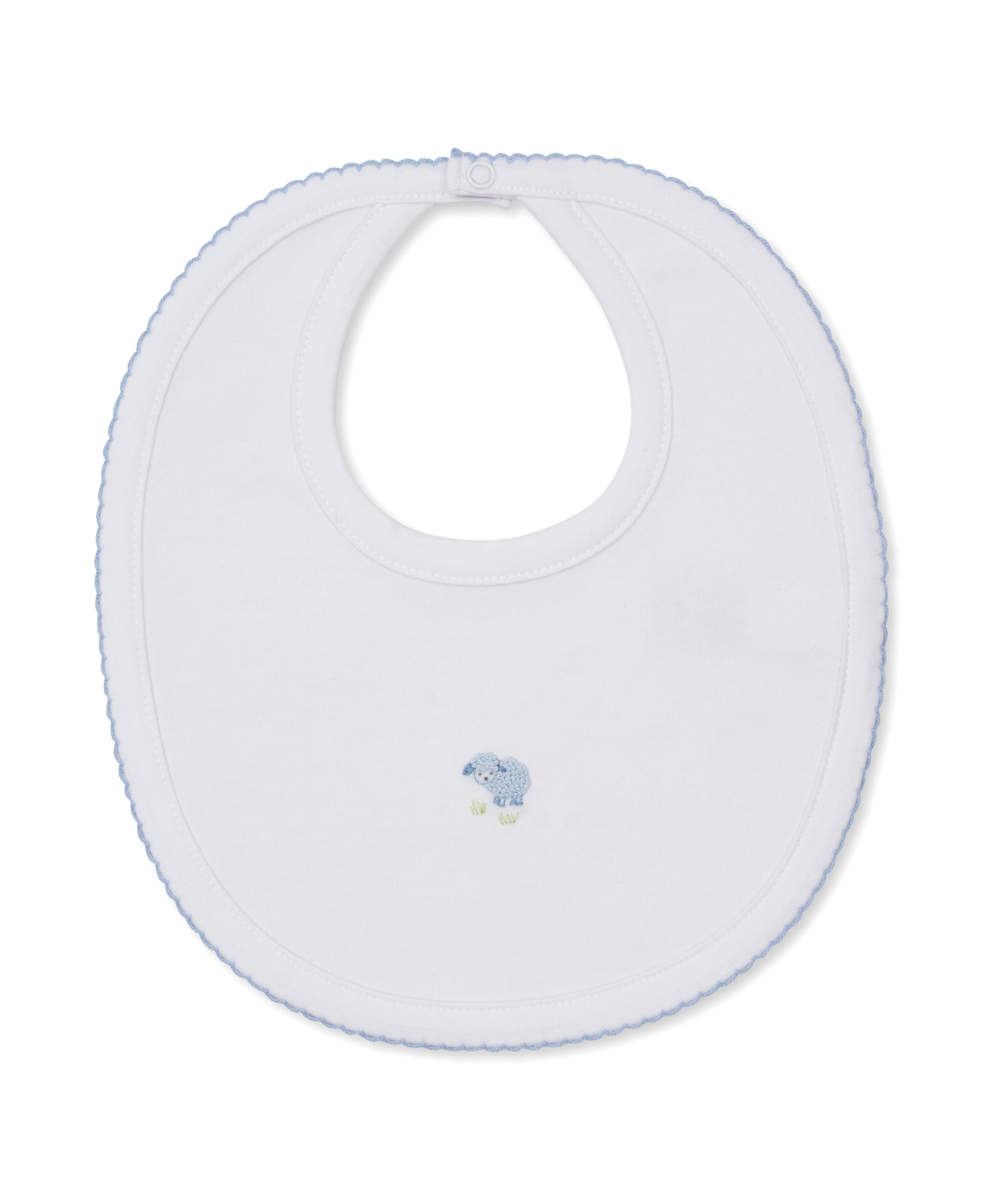 The Sweet Sheep Bib by Kissy Kissy is a white baby bib made from ultra-soft Pima cotton, featuring a light blue scalloped trim and a small embroidered blue elephant in the center—perfect for keeping your baby cozy.