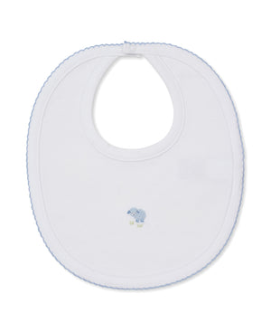 The Sweet Sheep Bib by Kissy Kissy is a white baby bib made from ultra-soft Pima cotton, featuring a light blue scalloped trim and a small embroidered blue elephant in the center—perfect for keeping your baby cozy.