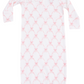 The Angel Dear Baby Girls' Kimono Gown features long sleeves, a white base with pink bow prints, and a ruffled neckline—an adorable and cozy sleepwear choice for babies.