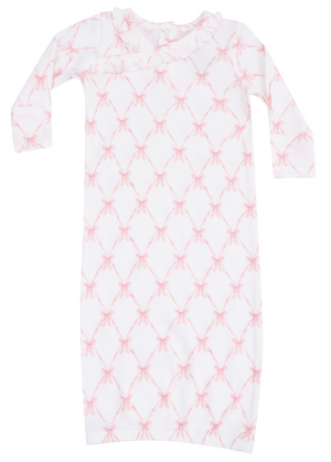 The Angel Dear Baby Girls' Kimono Gown features long sleeves, a white base with pink bow prints, and a ruffled neckline—an adorable and cozy sleepwear choice for babies.