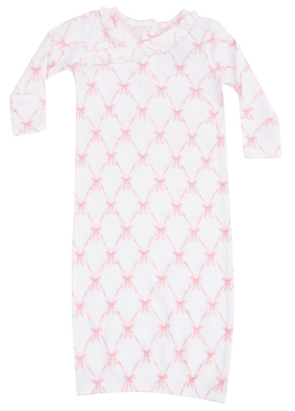 The Angel Dear Baby Girls' Kimono Gown features long sleeves, a white base with pink bow prints, and a ruffled neckline—an adorable and cozy sleepwear choice for babies.