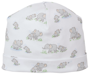 The Kissy Kissy Elephant Esprit Printed Hat is a soft Pima cotton baby hat with playful cartoon elephants and blue grass tufts—perfect for adding adorable style to your baby's wardrobe.