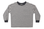 Rylee & Cru Baby Boys’ and Boys’ Relaxed Long Sleeve Tee with black, gray, and off-white horizontal stripes and a chest pocket, shown laid flat on a white background.