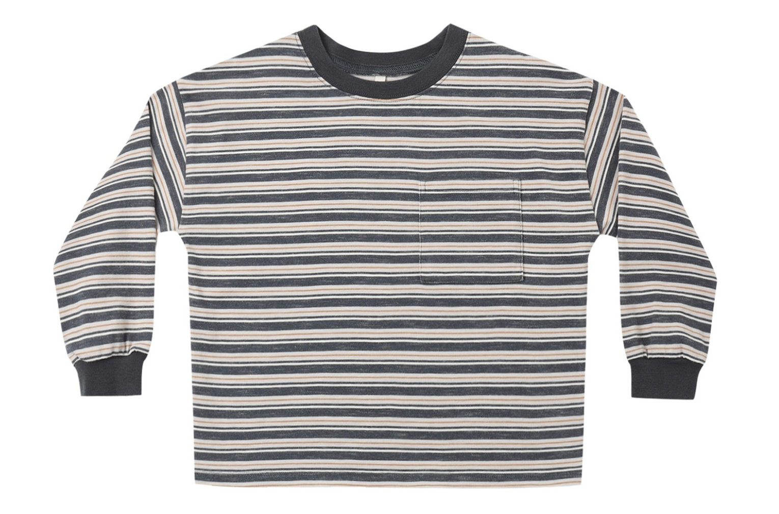 Rylee & Cru Baby Boys’ and Boys’ Relaxed Long Sleeve Tee with black, gray, and off-white horizontal stripes and a chest pocket, shown laid flat on a white background.