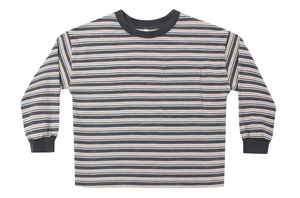 Rylee & Cru Baby Boys’ and Boys’ Relaxed Long Sleeve Tee with black, gray, and off-white horizontal stripes and a chest pocket, shown laid flat on a white background.