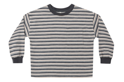 Rylee & Cru Baby Boys’ and Boys’ Relaxed Long Sleeve Tee with black, gray, and off-white horizontal stripes and a chest pocket, shown laid flat on a white background.