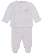 The Kissy Kissy Baby Premier Puppy Paws Hand Emb. Footed Pant Set is a charming two-piece ensemble in white and pale pink, featuring long sleeves and footed pants. The wrap-style top is adorned with delicate hand embroidery of a sweet puppy paw design on the chest, making it an adorable addition to any baby’s wardrobe.