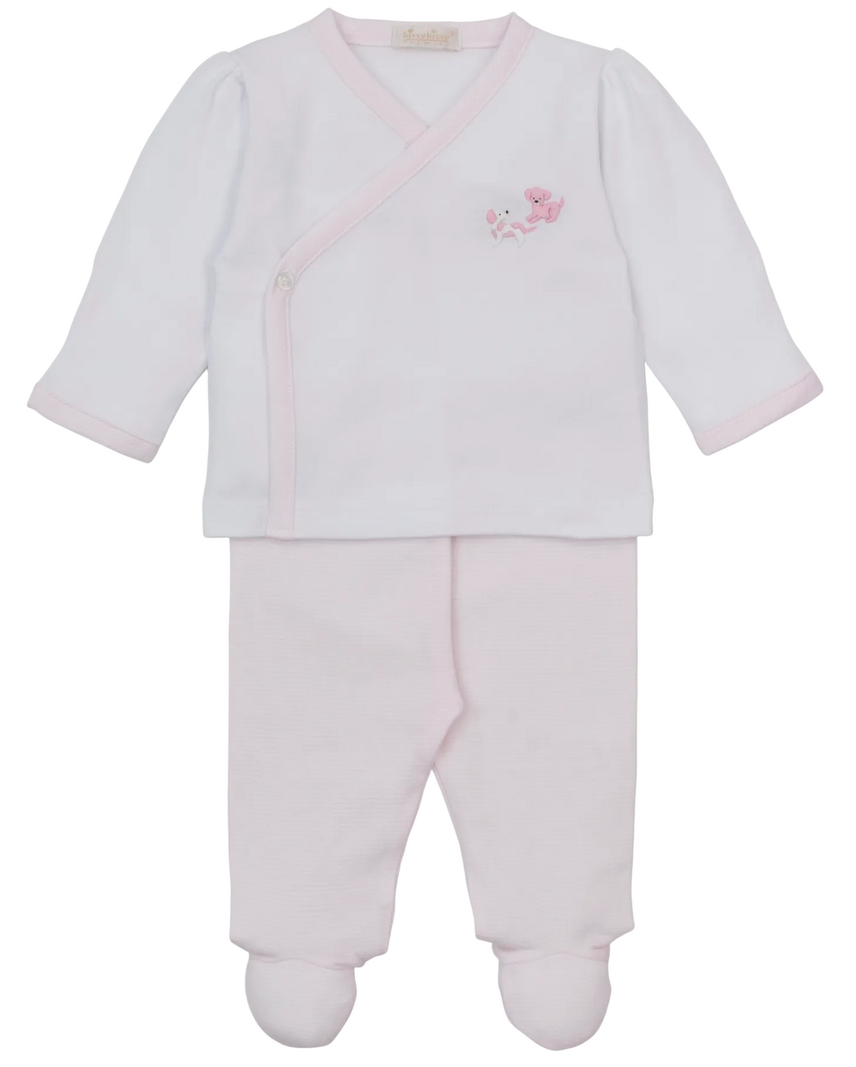 The Kissy Kissy Baby Premier Puppy Paws Hand Emb. Footed Pant Set is a charming two-piece ensemble in white and pale pink, featuring long sleeves and footed pants. The wrap-style top is adorned with delicate hand embroidery of a sweet puppy paw design on the chest, making it an adorable addition to any baby’s wardrobe.