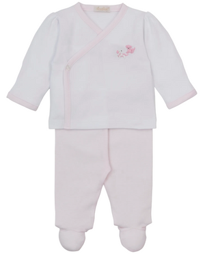The Kissy Kissy Baby Premier Puppy Paws Hand Emb. Footed Pant Set is a charming two-piece ensemble in white and pale pink, featuring long sleeves and footed pants. The wrap-style top is adorned with delicate hand embroidery of a sweet puppy paw design on the chest, making it an adorable addition to any baby’s wardrobe.
