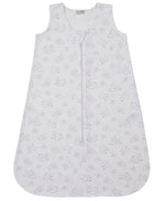 The Kissy Kissy Baby Cheerful Good Night Printed Wearable Blanket is a sleeveless, light gray Pima cotton sleep sack with cloud and star prints and a front zipper—ideal as a soft, cozy blanket for your baby.
