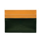 The Ettinger Bridle Flat Credit Card Case is crafted from bridle hide leather with yellow top card pockets, a dark green bottom section, and embossed Ettinger branding on the front.