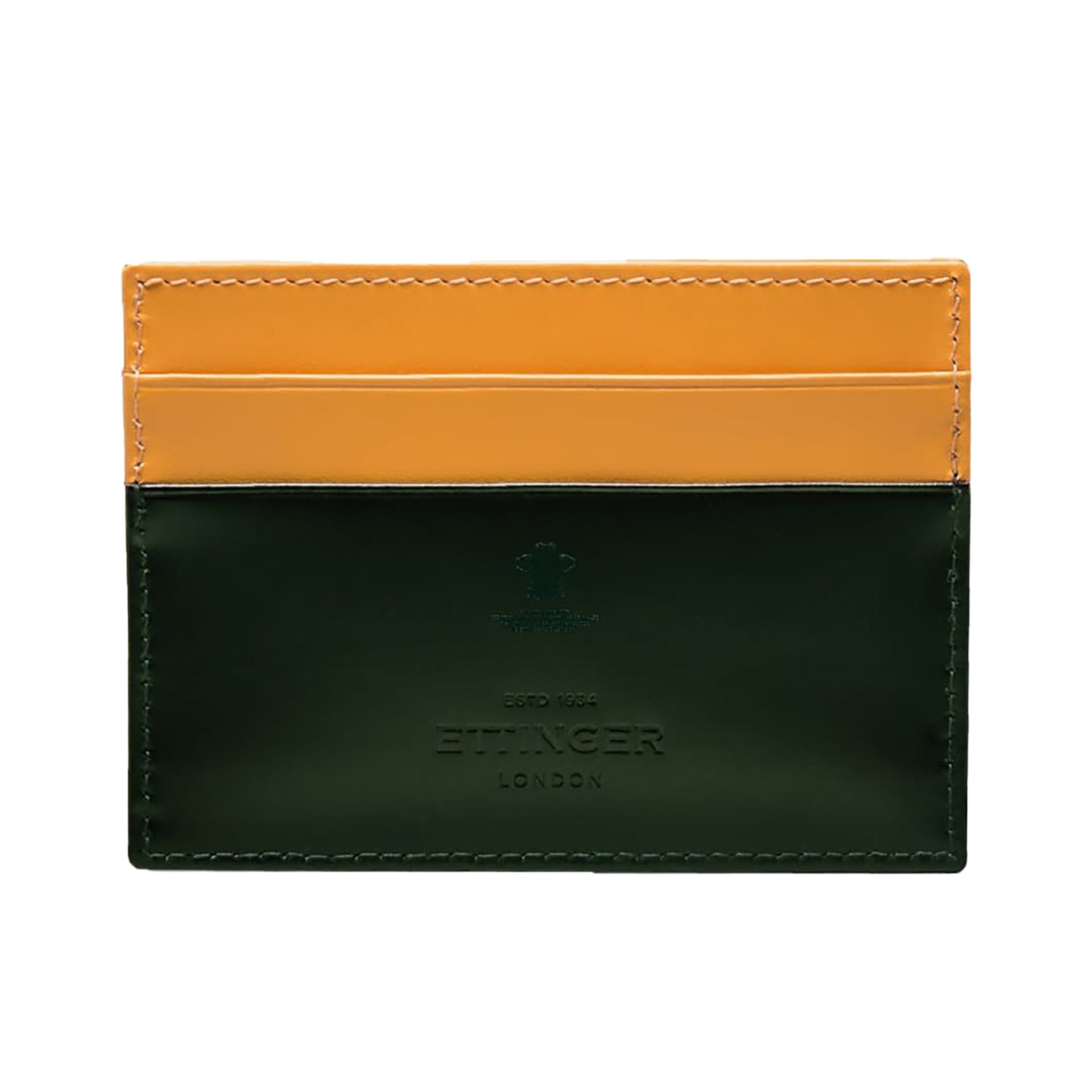 The Ettinger Bridle Flat Credit Card Case is crafted from bridle hide leather with yellow top card pockets, a dark green bottom section, and embossed Ettinger branding on the front.