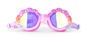 Introducing the Kids' Enchanted Shoreline Shimmer Seashell Goggles by Bling2O—these pink mermaid swim goggles feature shell-shaped lenses, sparkling rhinestone details, and charming seahorse accents on each side. Designed for both comfort and whimsy, they're perfect for underwater adventures and pair effortlessly with any UV protection swimwear. Displayed on a white background.