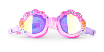 Introducing the Kids' Enchanted Shoreline Shimmer Seashell Goggles by Bling2O—these pink mermaid swim goggles feature shell-shaped lenses, sparkling rhinestone details, and charming seahorse accents on each side. Designed for both comfort and whimsy, they're perfect for underwater adventures and pair effortlessly with any UV protection swimwear. Displayed on a white background.