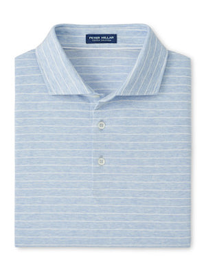 A folded Peter Millar Excursionist Flex Striped Polo in light blue cotton jersey with thin white stripes, a pointed collar, and two-button placket.