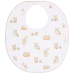 The Kissy Kissy Beary Blessed Printed Bib is crafted from white Pima cotton and adorned with tan teddy bears, ABC blocks, and yellow rubber ducks. Scalloped trim finishes the edges, making this bib a perfect choice for your little one.