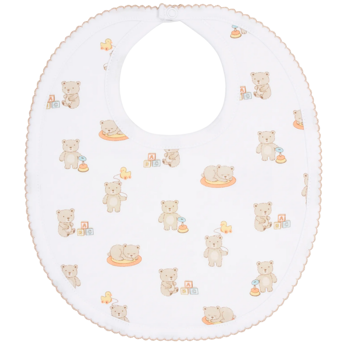 The Kissy Kissy Beary Blessed Printed Bib is crafted from white Pima cotton and adorned with tan teddy bears, ABC blocks, and yellow rubber ducks. Scalloped trim finishes the edges, making this bib a perfect choice for your little one.