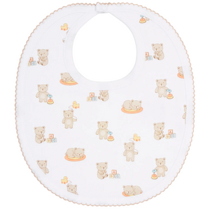 The Kissy Kissy Beary Blessed Printed Bib is crafted from white Pima cotton and adorned with tan teddy bears, ABC blocks, and yellow rubber ducks. Scalloped trim finishes the edges, making this bib a perfect choice for your little one.