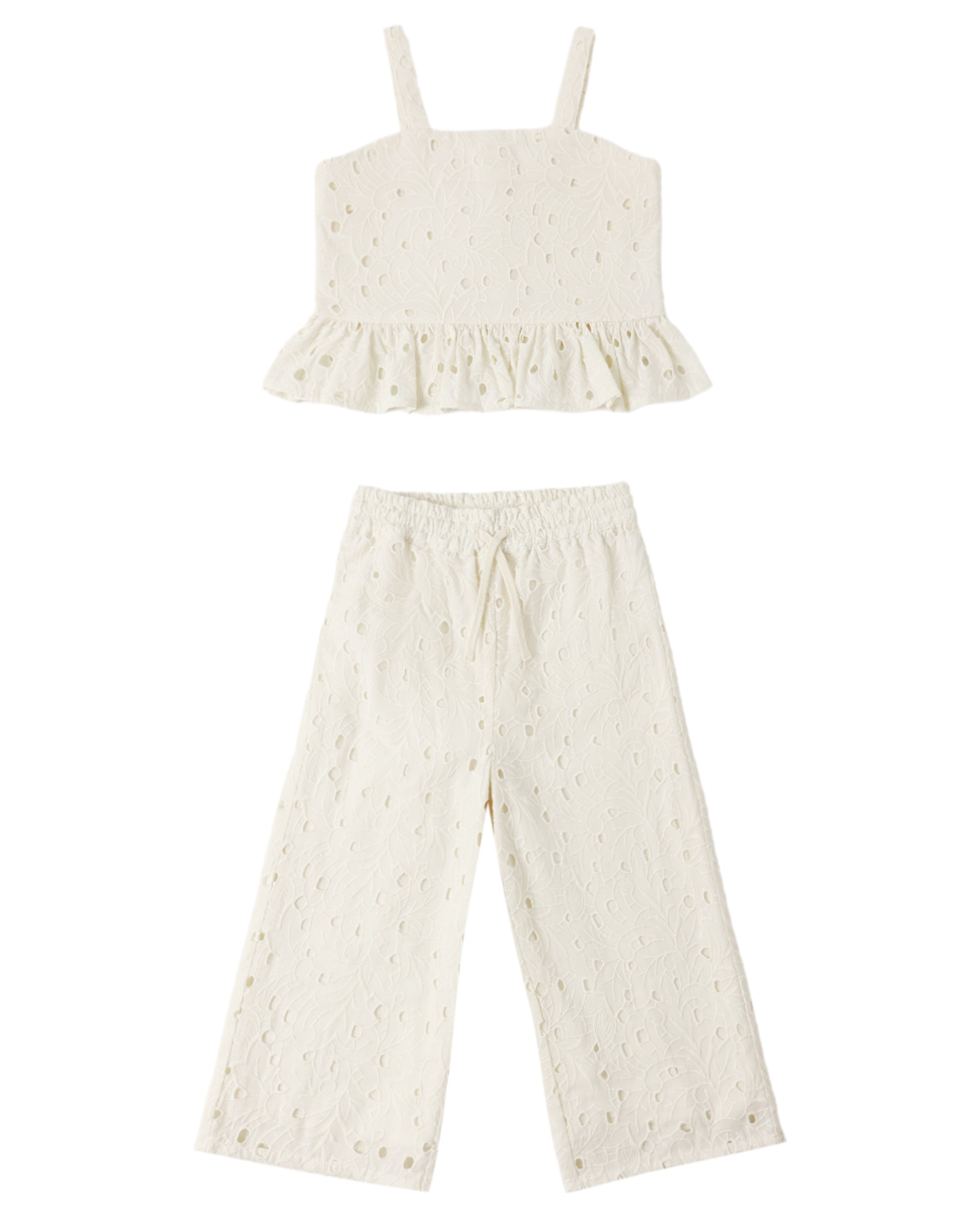 The Rylee & Cru Girls' Kayli Set features a cream-colored two-piece with a sleeveless ruffled crop top and wide-leg pants, both with embroidered eyelet details—ideal for warm weather.