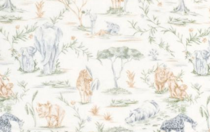 The Timo & Violet Kids' Bathrobe features ultra-soft velour cotton terry and a white background with illustrated African animals—elephants, giraffes, rhinos, lions, and hippos—amidst trees and foliage.