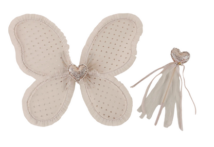 The Noralee Girls' Fairy Set features cream butterfly wings with a heart-shaped center and a magical wand with ribbon streamers—perfect for dress-up fun.