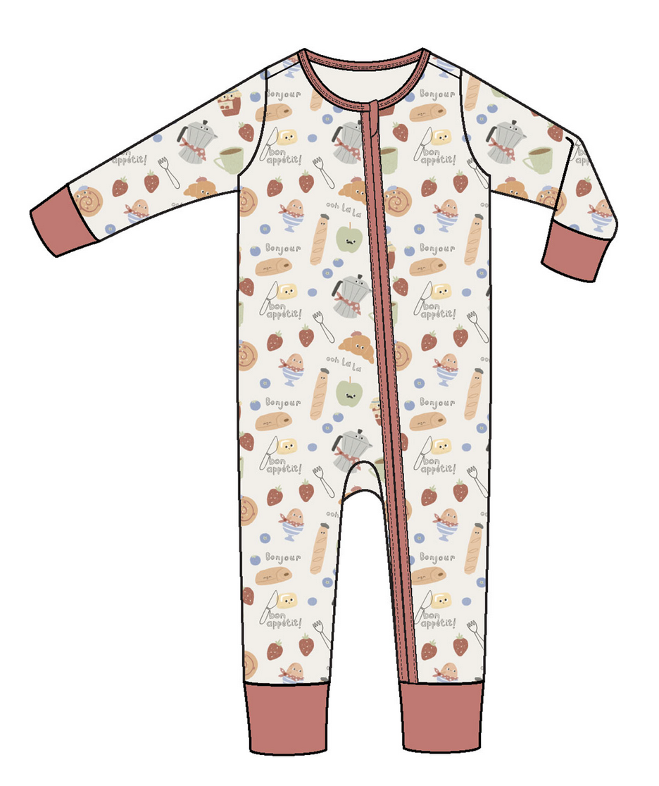 The Angel Dear Baby 2-Way Zipper Romper features soft bamboo fiber, fun bread and French-themed prints, and brown cuffs on sleeves and legs—a cozy convertible long-sleeve PJ for babies.