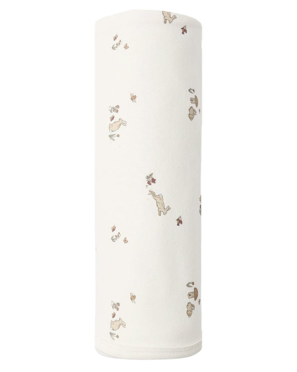 A soft baby swaddle by Quincy Mae, crafted from organic brushed jersey in white and adorned with small, scattered brown animal illustrations and subtle floral accents.