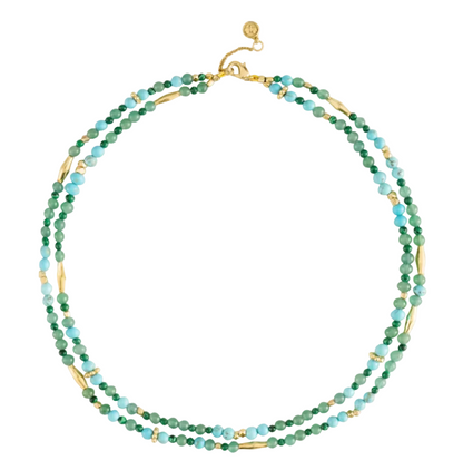 Milos Beaded Necklace by Anabel Aram featuring two strands of alternating lapis lazuli and turquoise beads with gold-toned metal spacers.