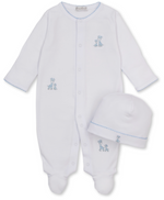 Dress your little one in the Kissy Kissy Baby Just Giraffes Footie with Hat Set, featuring a white Pima cotton footie with blue trim and adorable blue embroidered giraffes. The coordinating white hat showcases matching blue stitching and charming giraffe embroidery for a sweet, cohesive look. Expertly crafted from luxurious, ultra-soft Pima cotton, this gentle giraffe-themed set delivers comfort and style for your baby.